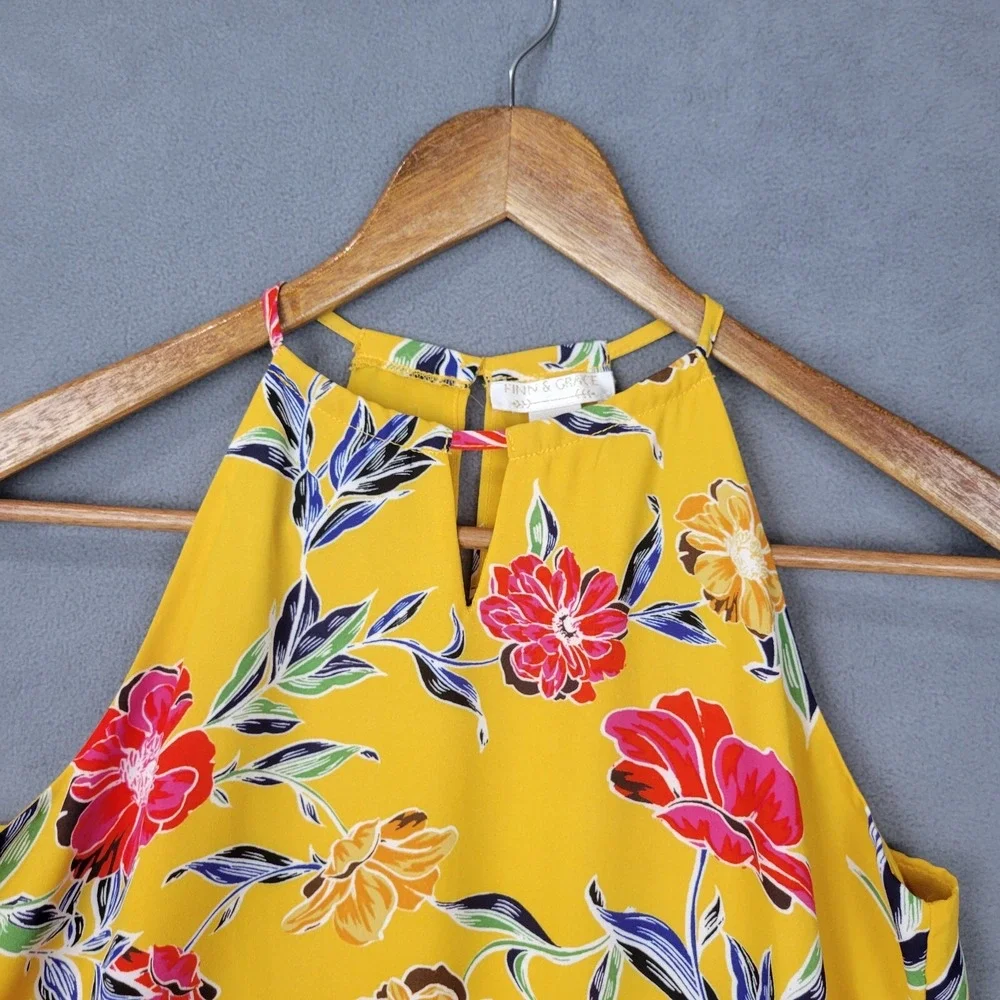 Finn & Grace Blouse Top Women XS Yellow Floral Lined Sleeveless Classic Boho Y2K